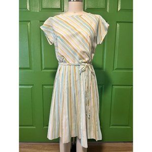 Vintage 60's Handmade Green and Blue Dress Pleated Skirt Short Sleeve
